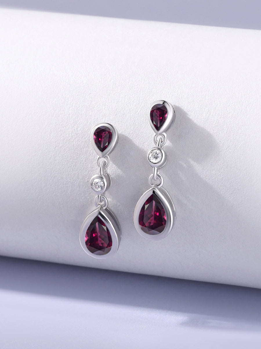 Natural Rhodolite Garnet Pear Drop Earrings in Gold
