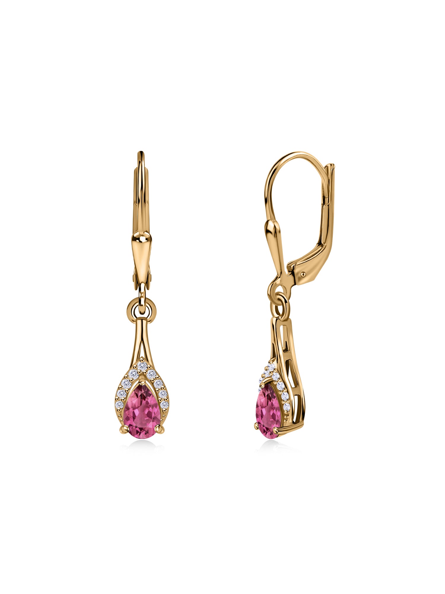 Natural Pink Tourmaline Teardrop Gold Earrings