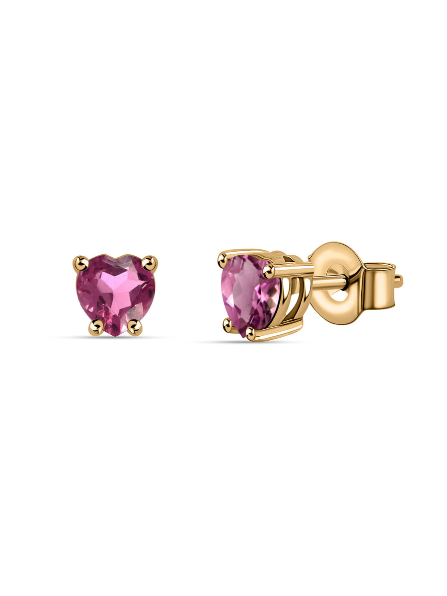 Natural Pink Tourmaline Heart Gold Stud Earrings
