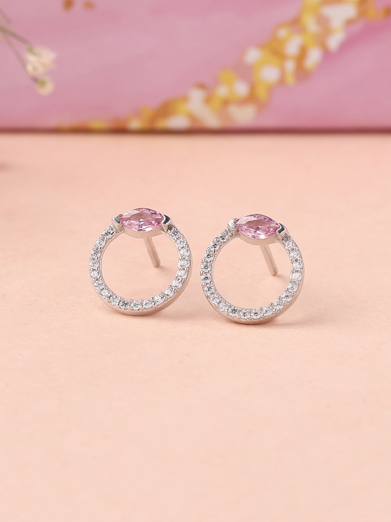 Pink Circle Stud Earrings For Women