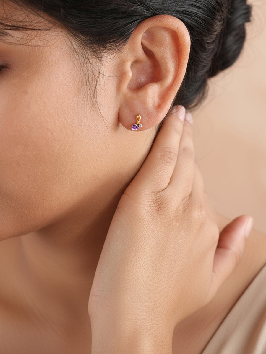 Natural Amethyst Criss Cross Gold Stud Earrings