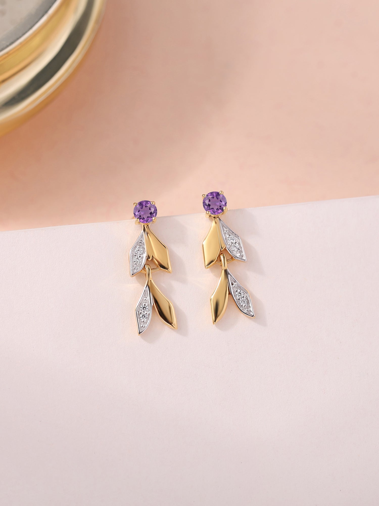 Amethyst Leaf Gold Earrings