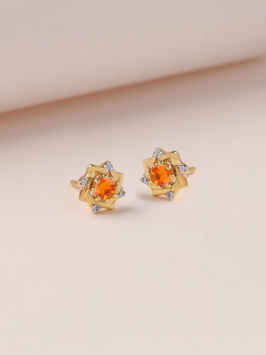 Fire Opal Woven Square Gold Earrings