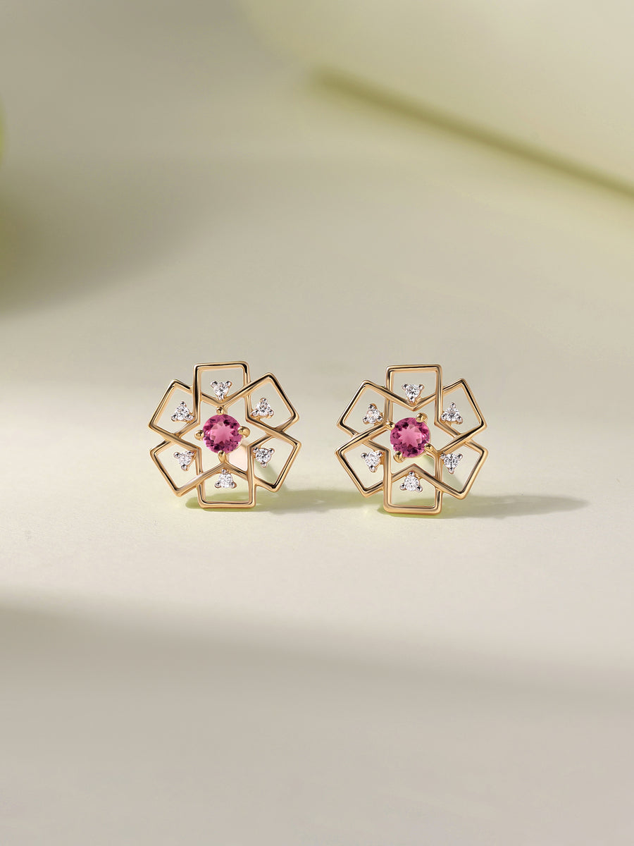 Natural Pink Tourmaline Gold Earrings