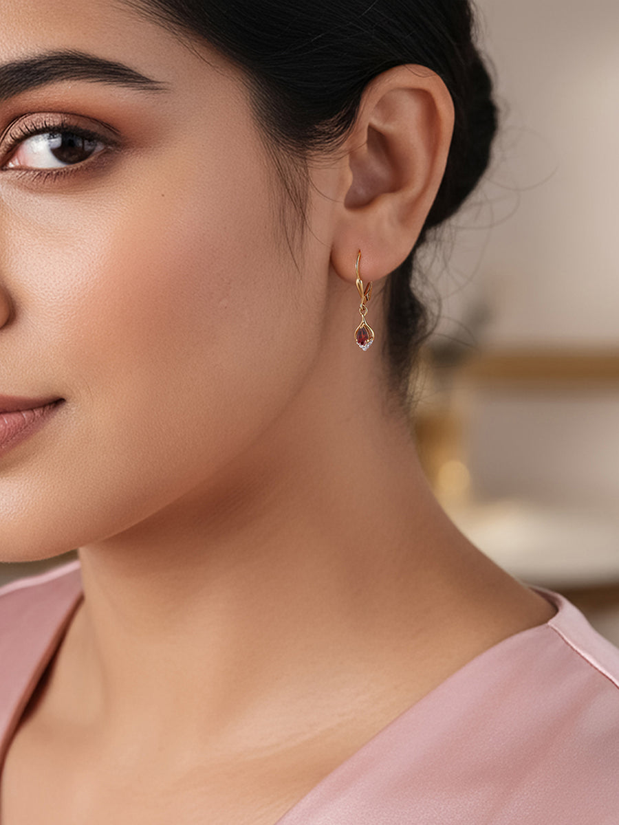 Natural Garnet Lever Back Gold Earrings