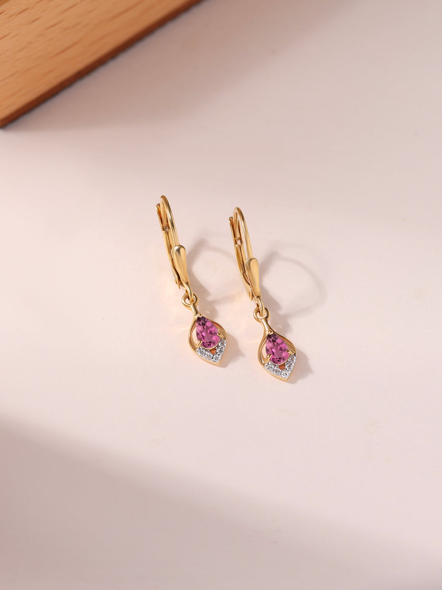 Natural Tourmaline Lever Back Gold Earrings