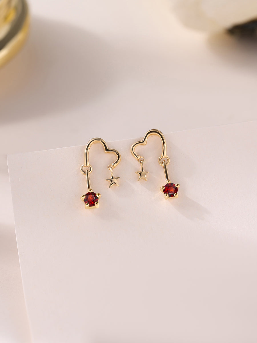Natural Garnet Starry Heart Gold Earrings