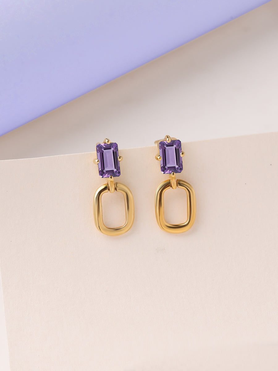 Natural Amethyst Drop Gold Earrings