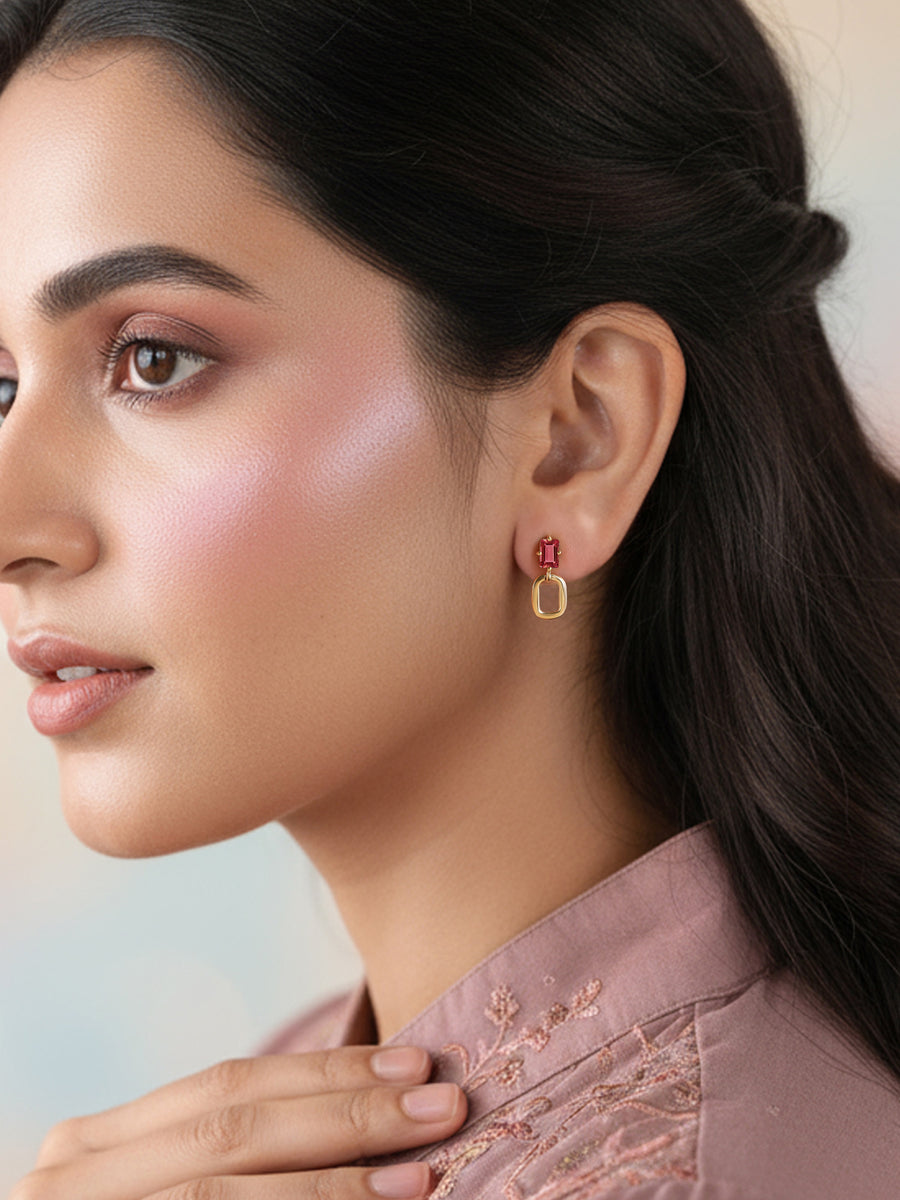 Natural Garnet Drop Gold Earrings