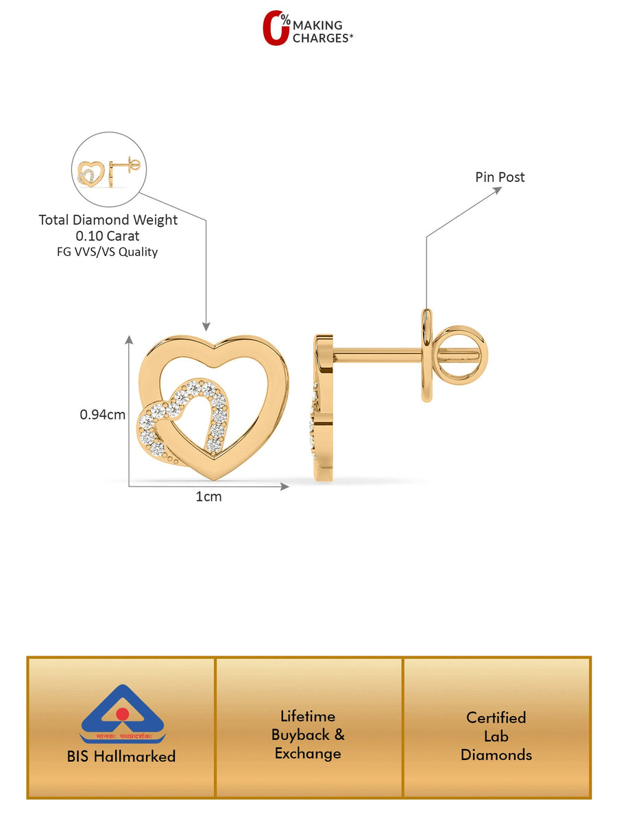 Lab Grown Lovely Heart Diamond Earrings In Gold