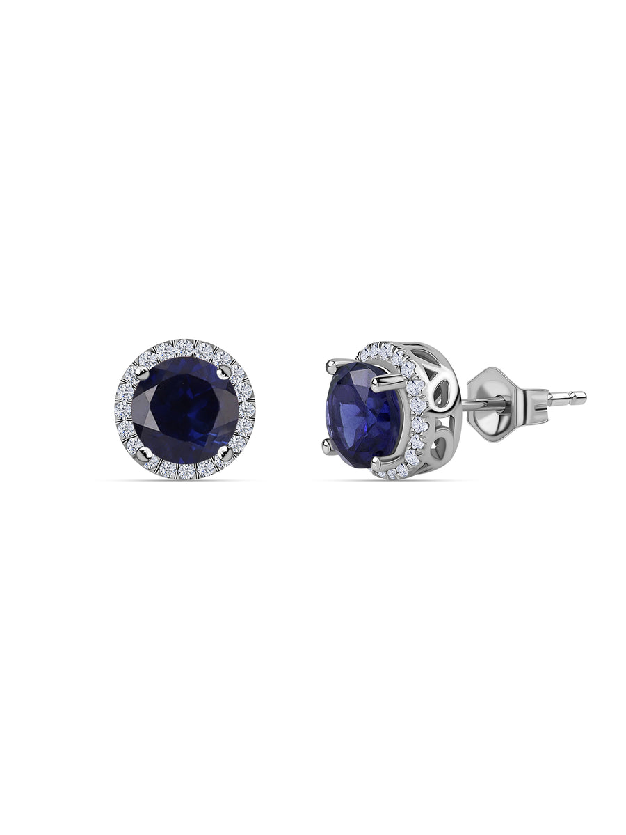 Natural Blue Sapphire Halo Stud Earrings