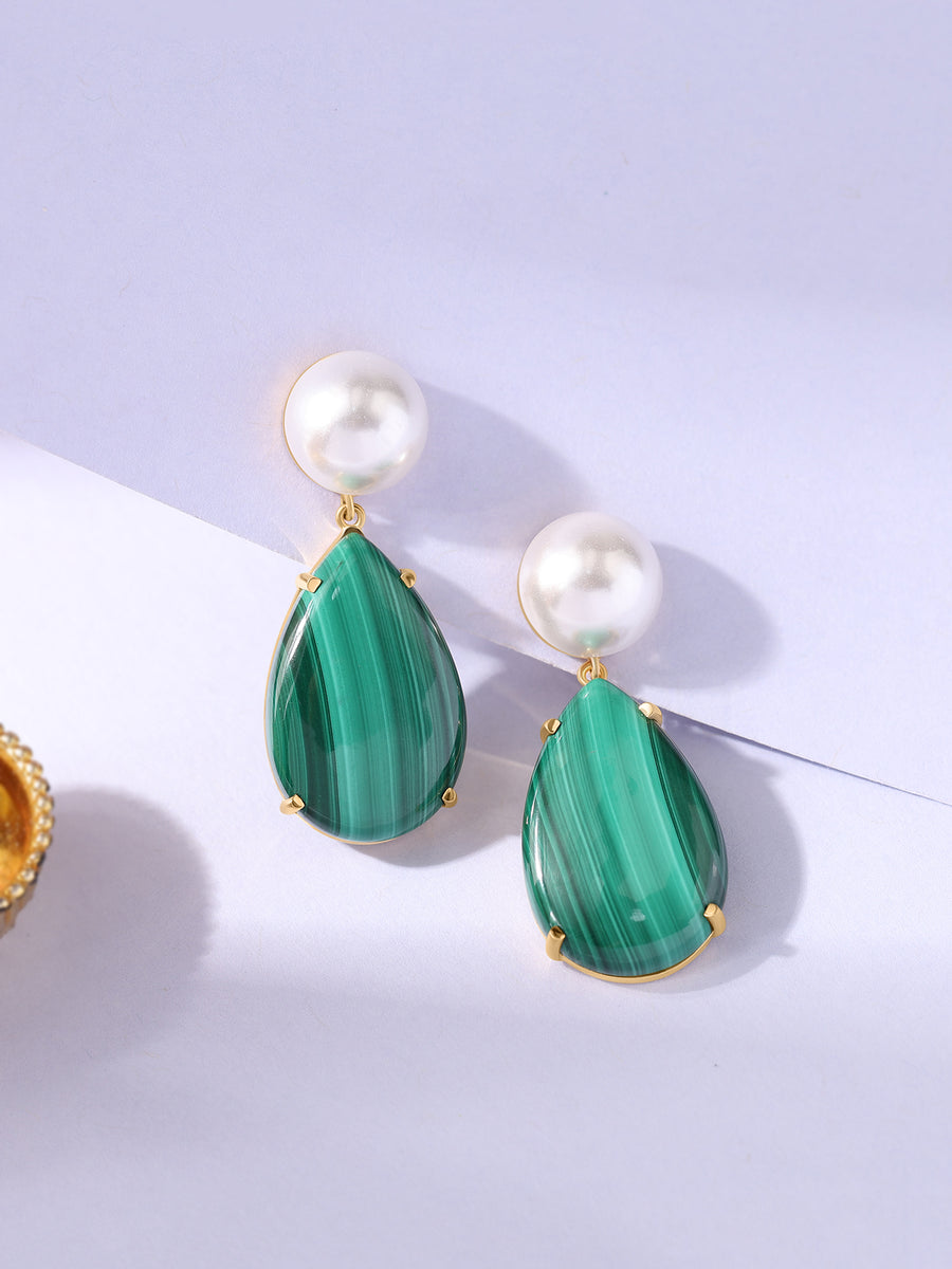 Malachite Cab Pear Drop Earrings with Pearl Button