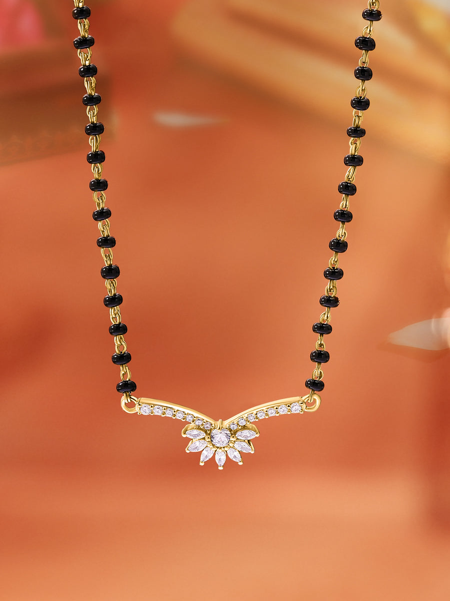 Flower Yellow Gold Diamond Look Mangalsutra For Women