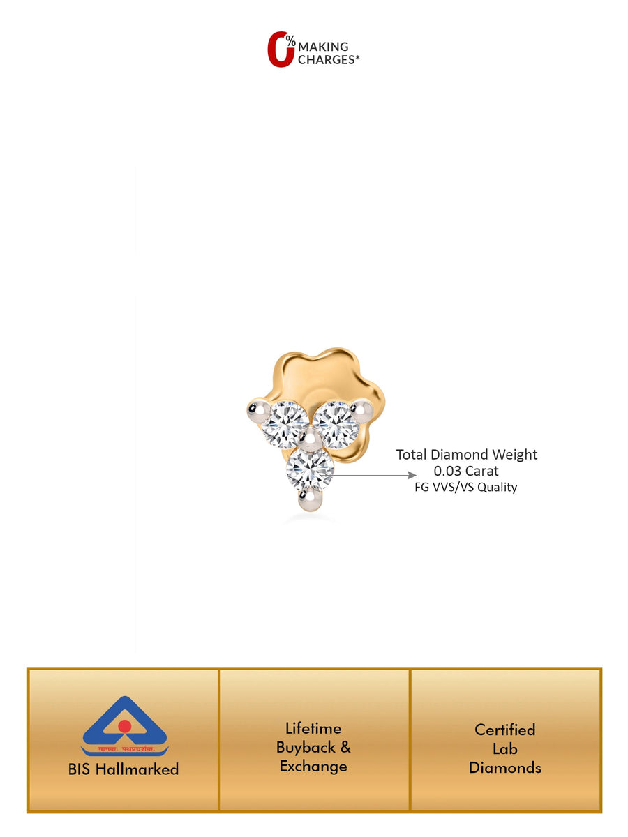 Triology Lab Grown Diamond 14k Gold Nose Pin With BIS Hallmarked