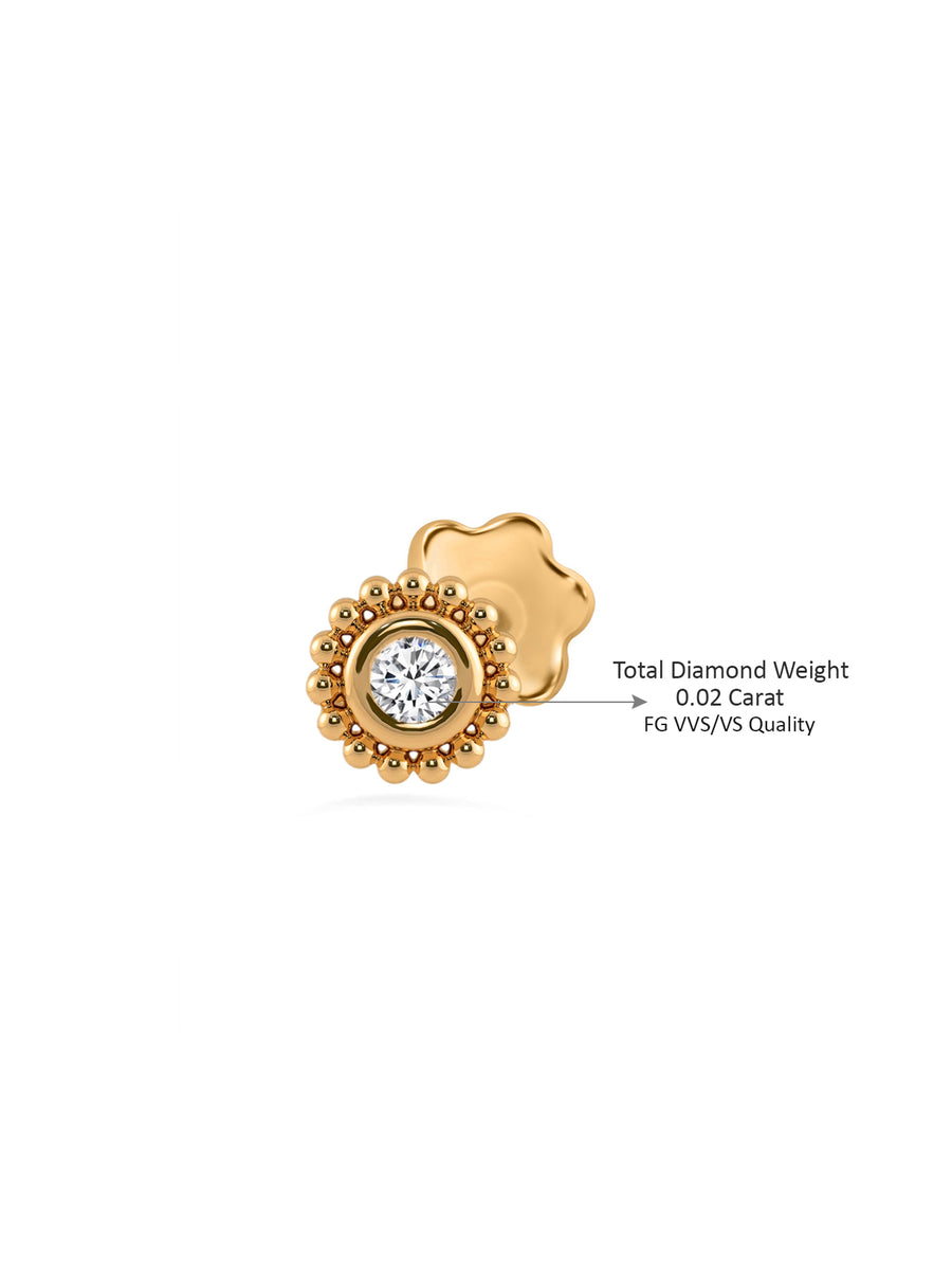 Ornate Solitaire Gold Nose Pin