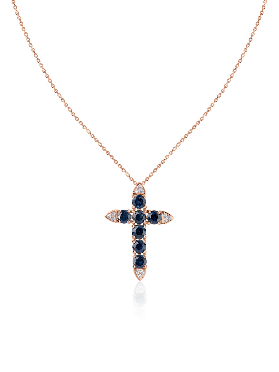 Blue Sapphire Gold Cross Pendant with Chain