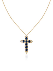 Blue Sapphire Gold Cross Pendant with Chain