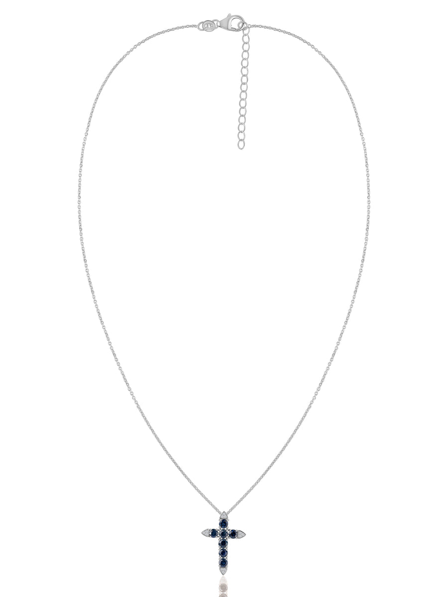 Blue Sapphire Gold Cross Pendant with Chain