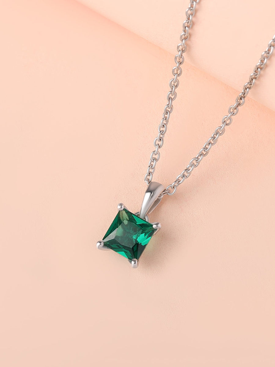 Princess Green Emerald Pendant With Chain
