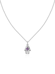 Natural Amethyst Hamsa Protection Pendant with Chain