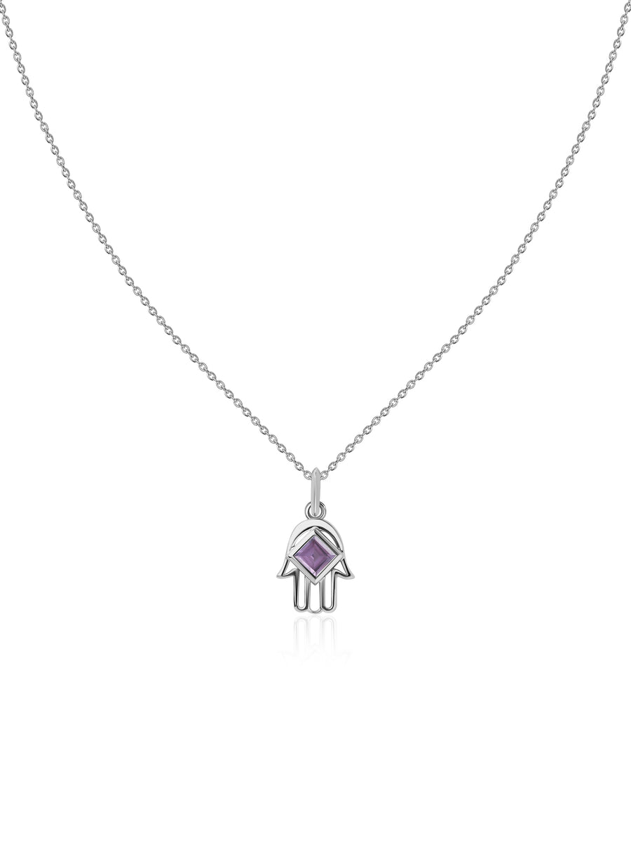 Natural Amethyst Hamsa Protection Pendant with Chain