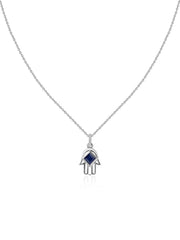 Blue Sapphire Hamsa Protection Pendant with Chain