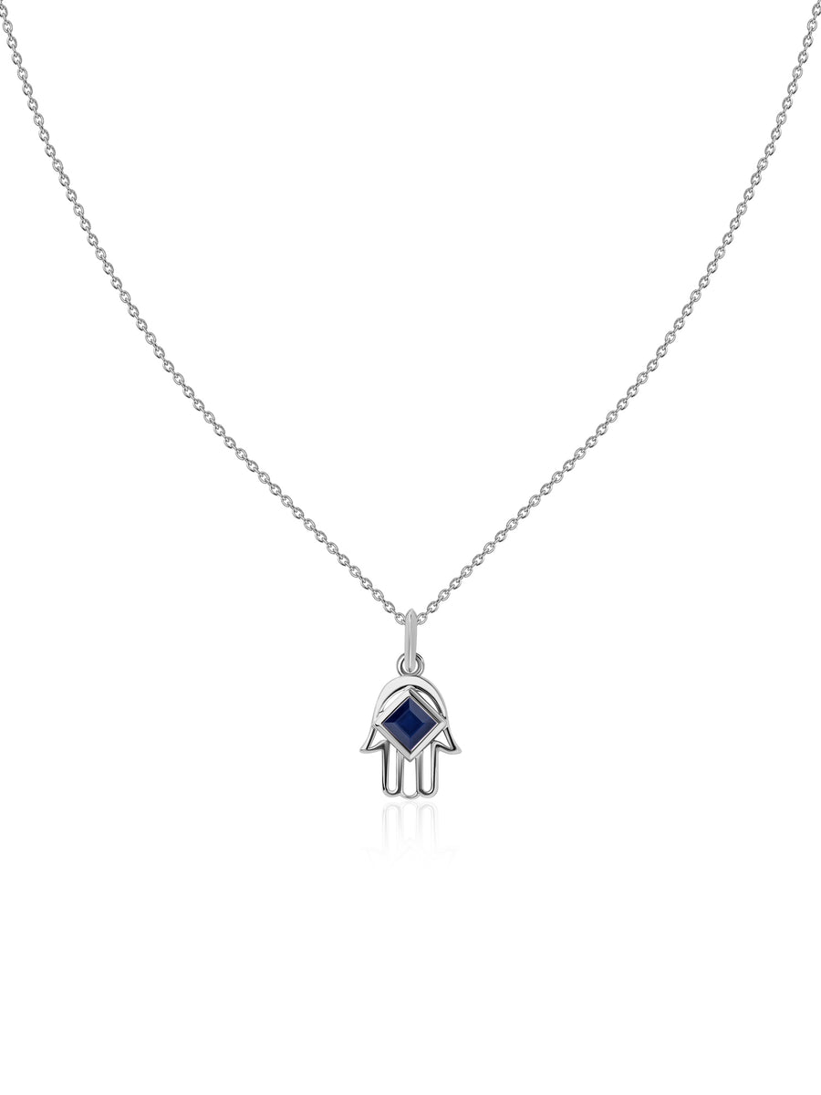 Blue Sapphire Hamsa Protection Pendant with Chain