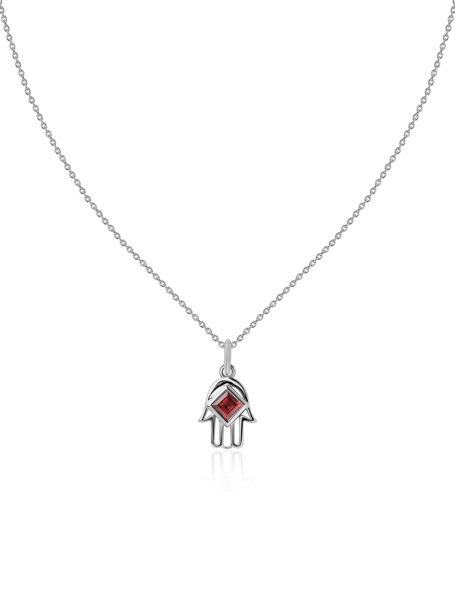 Natural Garnet Hamsa Protection Pendant with Chain