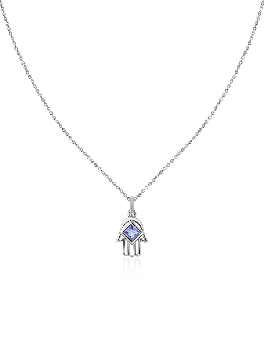 Natural Tanzanite Hamsa Protection Pendant with Chain