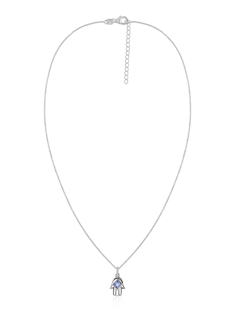 Natural Tanzanite Hamsa Protection Pendant with Chain