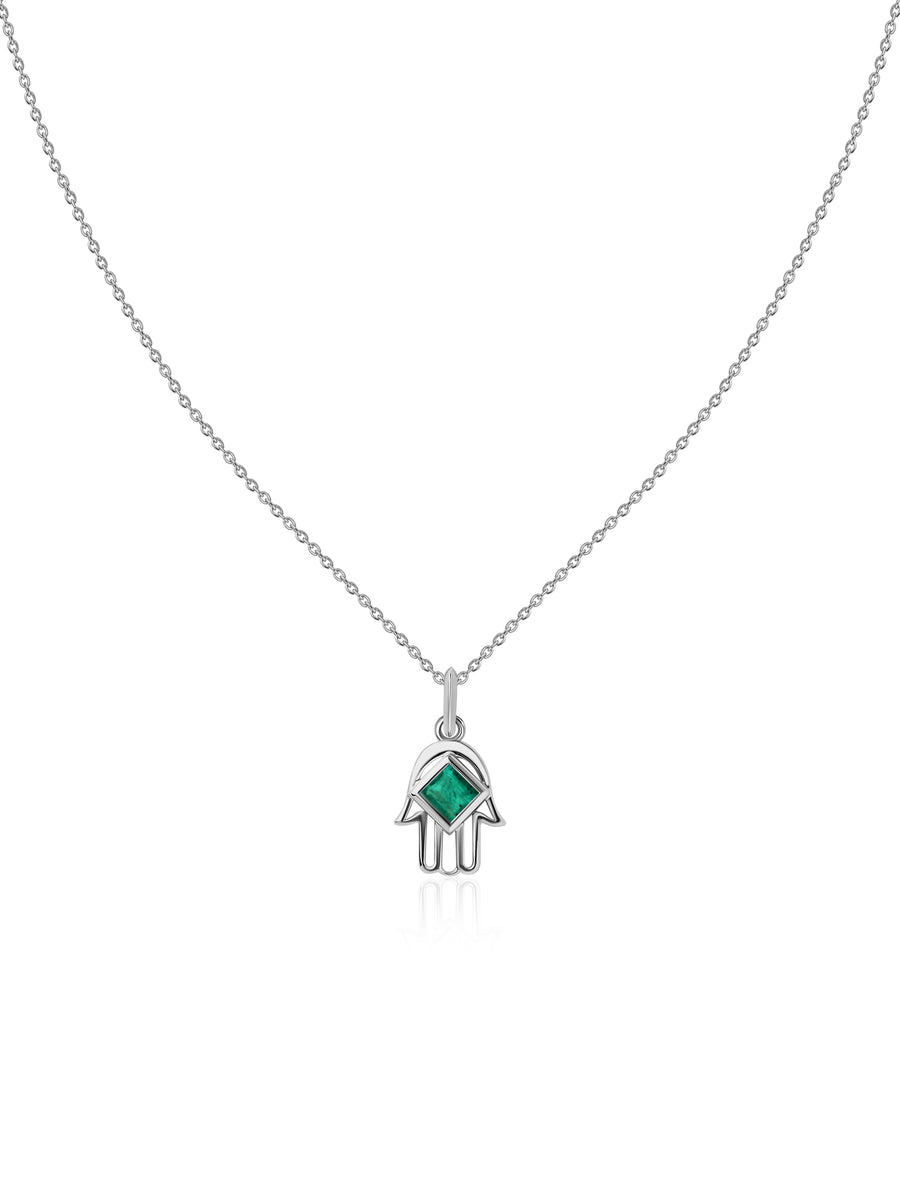 Emerald Hamsa Protection Pendant with Chain