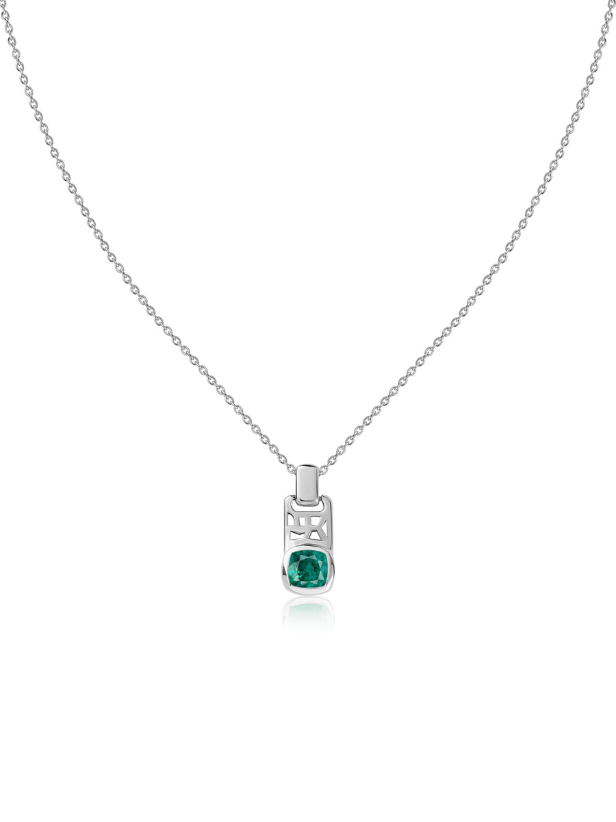 Emerald Geometric Silver Pendant with Chain