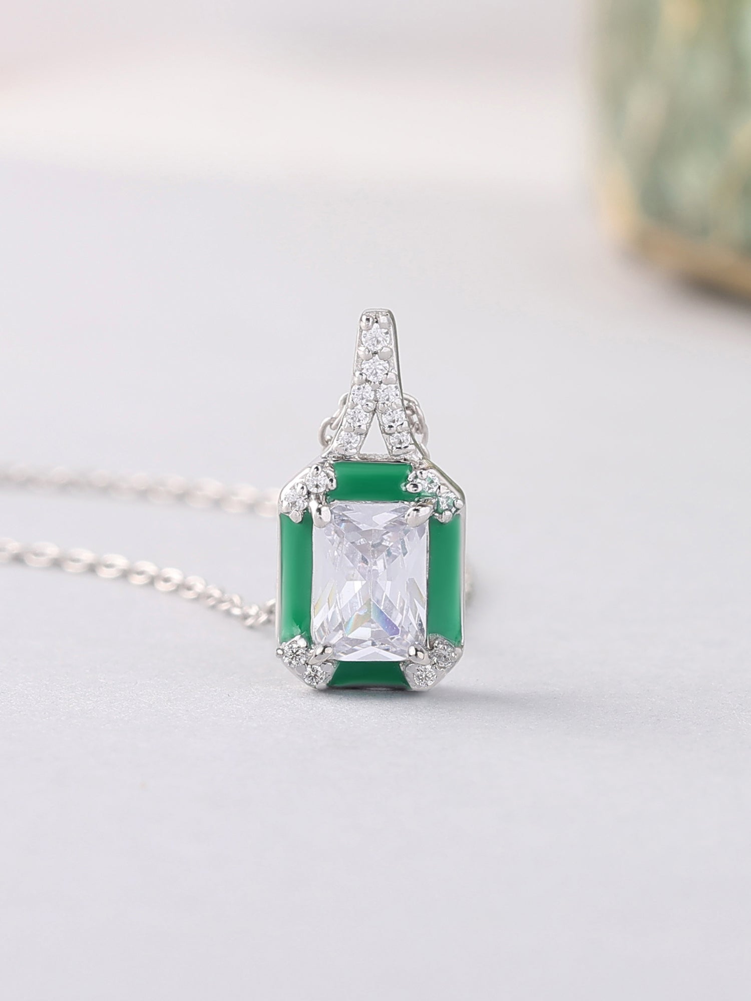 Vintage Green Enamelled Pendant With Chain