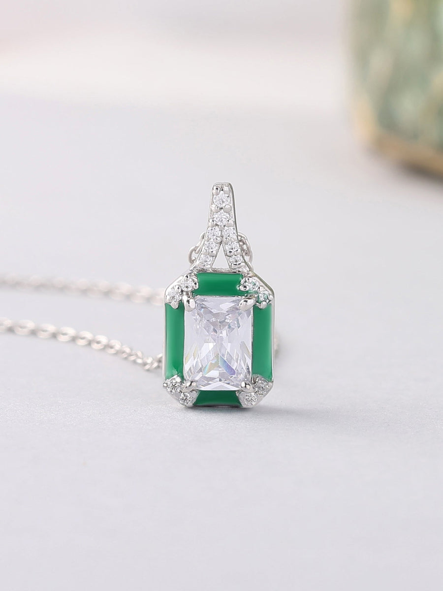 Vintage Green Enamelled Pendant With Chain