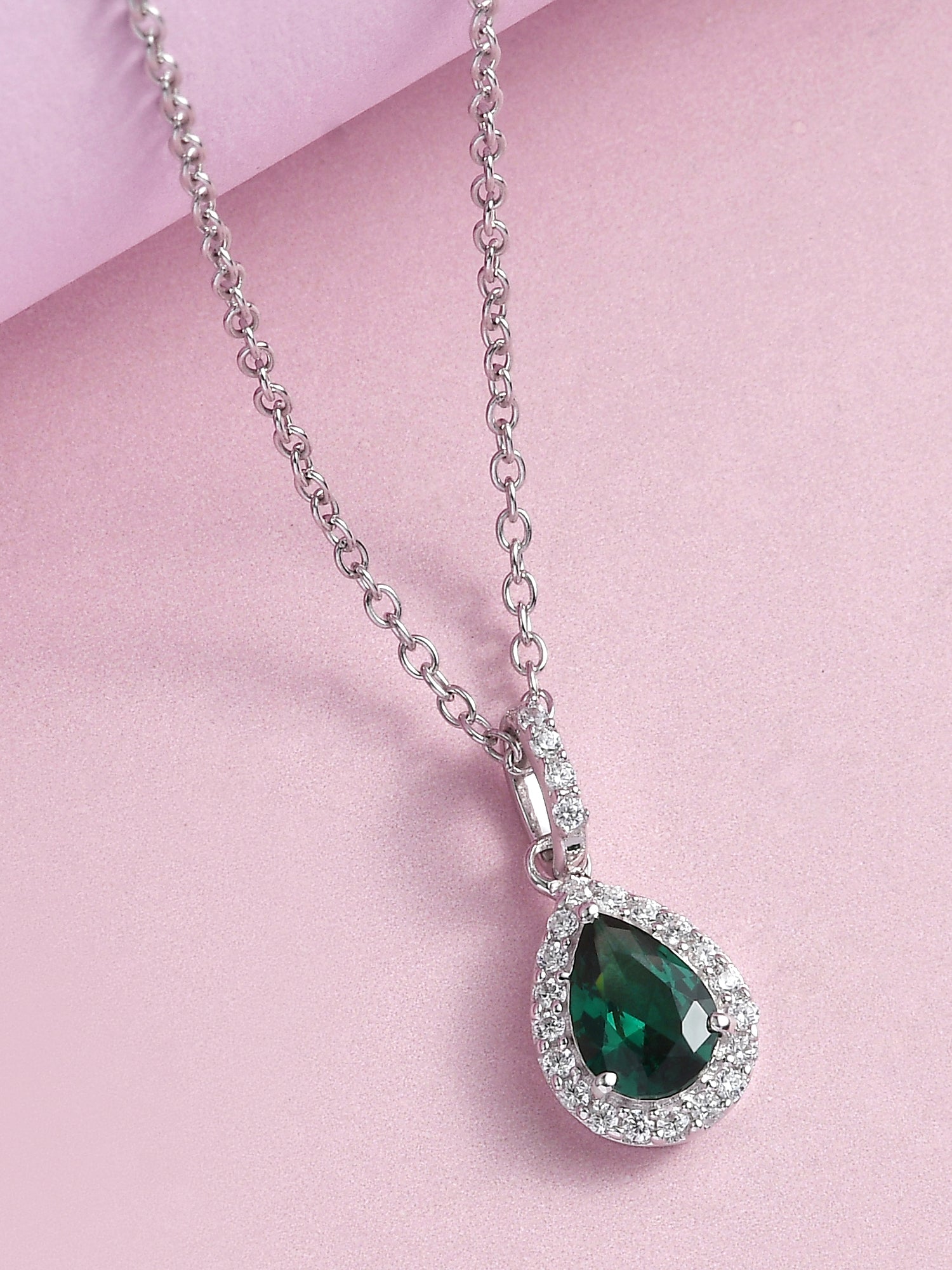 Pear Shape Emerald Halo Pendant with Silver Chain Necklace for Girls and women