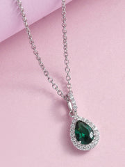 Pear Shape Emerald Halo Pendant with Silver Chain Necklace for Girls and women