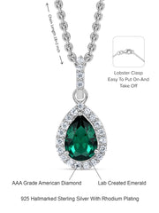 Pear Shape Emerald Halo Pendant with Silver Chain Necklace for Girls and women