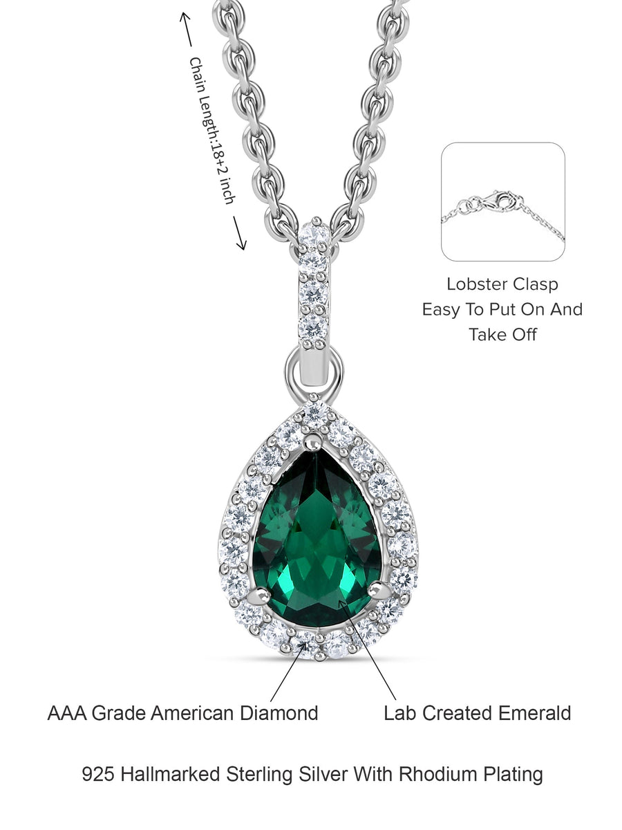 Pear Shape Emerald Halo Pendant with Silver Chain Necklace for Girls and women