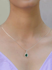 Pear Shape Emerald Halo Pendant with Silver Chain Necklace for Girls and women