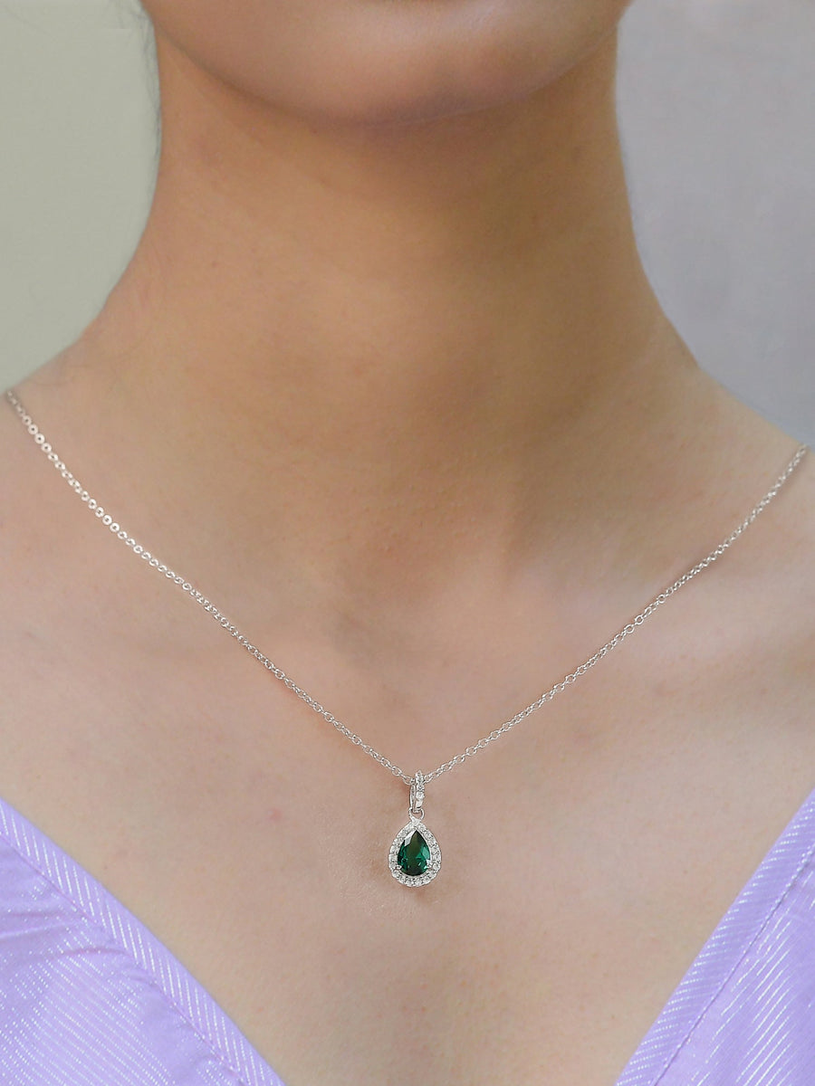 Pear Shape Emerald Halo Pendant with Silver Chain Necklace for Girls and women