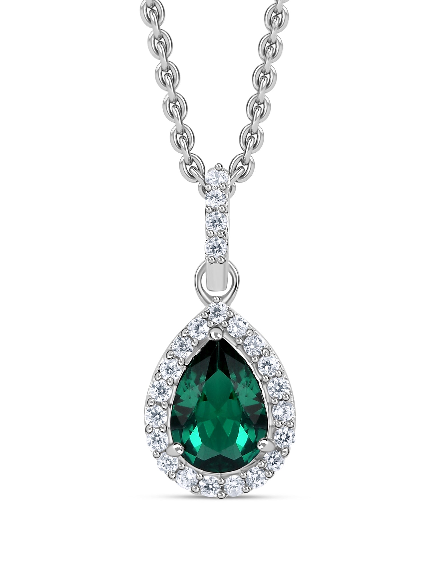 Pear Shape Emerald Halo Pendant with Silver Chain Necklace for Girls and women