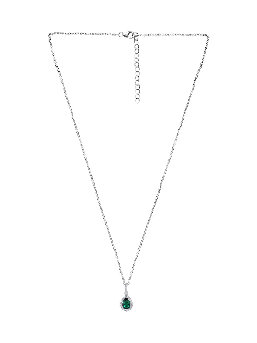 Pear Shape Emerald Halo Pendant with Silver Chain Necklace for Girls and women
