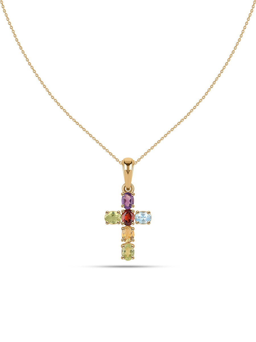 Sacred Spectrum Multi-Gemstone Silver Cross Pendant
