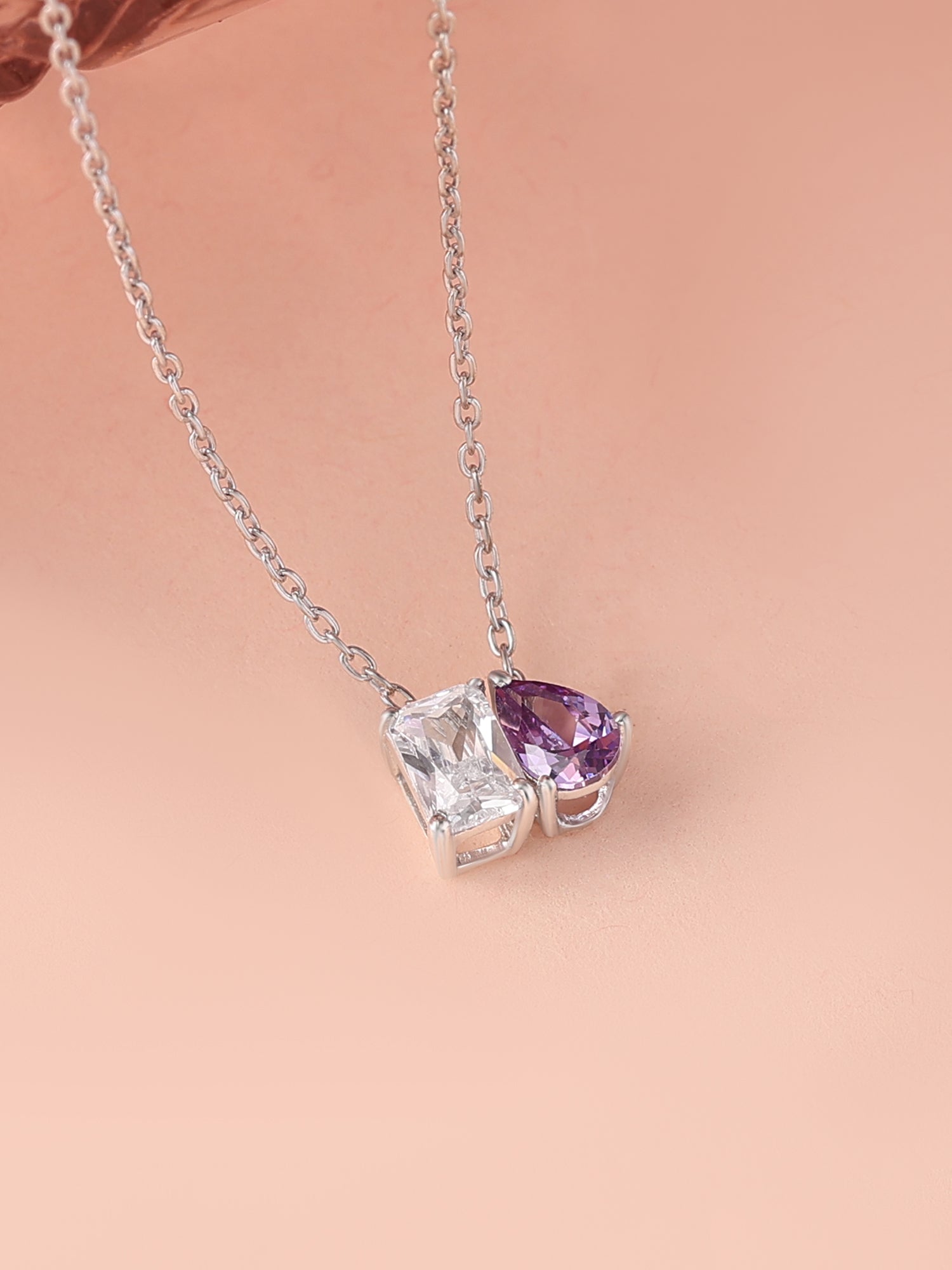 Toi Et Moi Purple CZ Pendant With Silver Chain