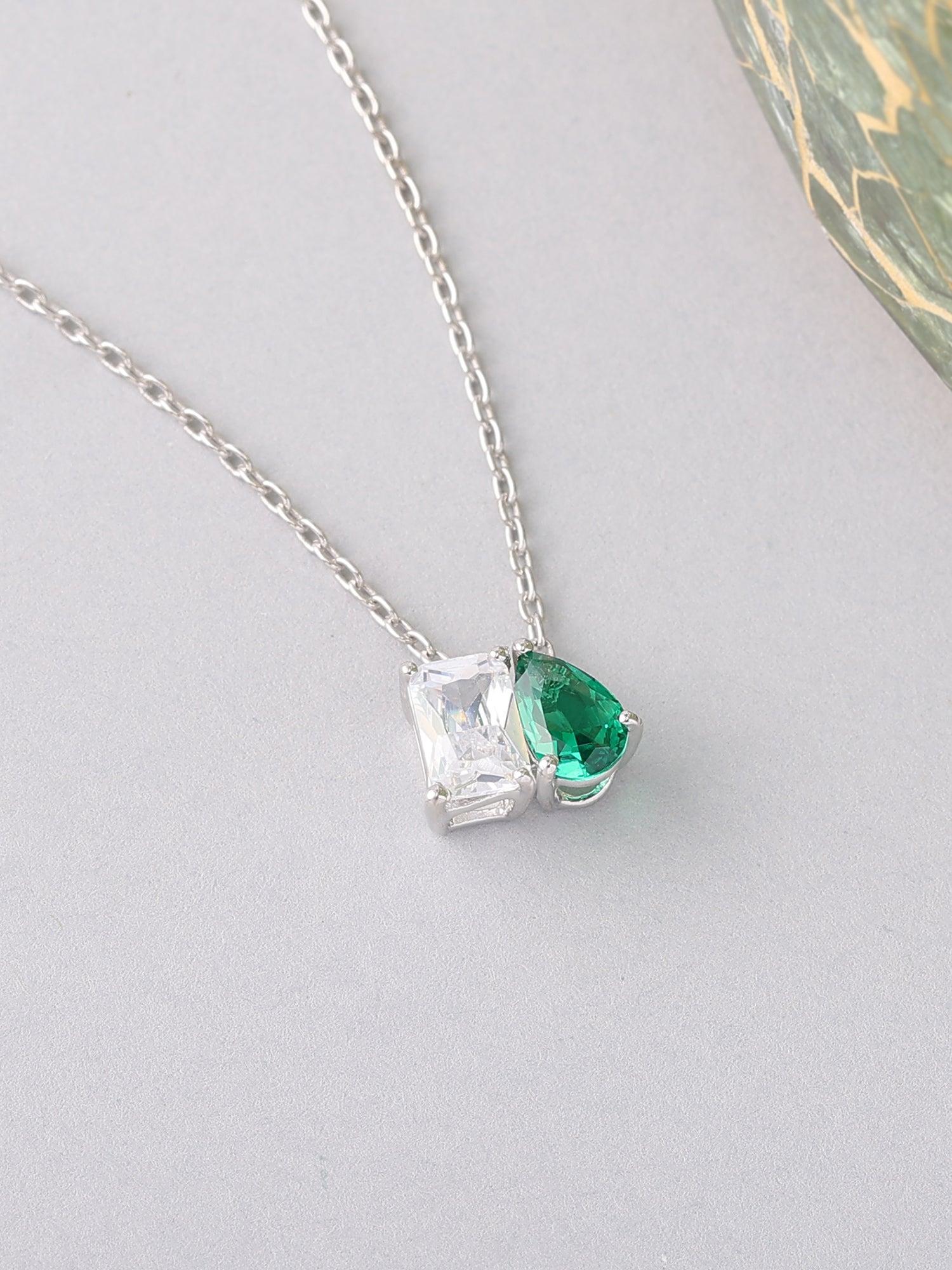 Toi Et Moi Green CZ Pendant With Silver Chain