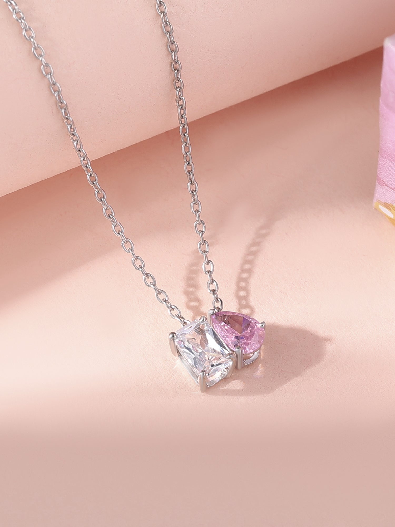 Toi Et Moi Pink CZ Pendant With Silver Chain
