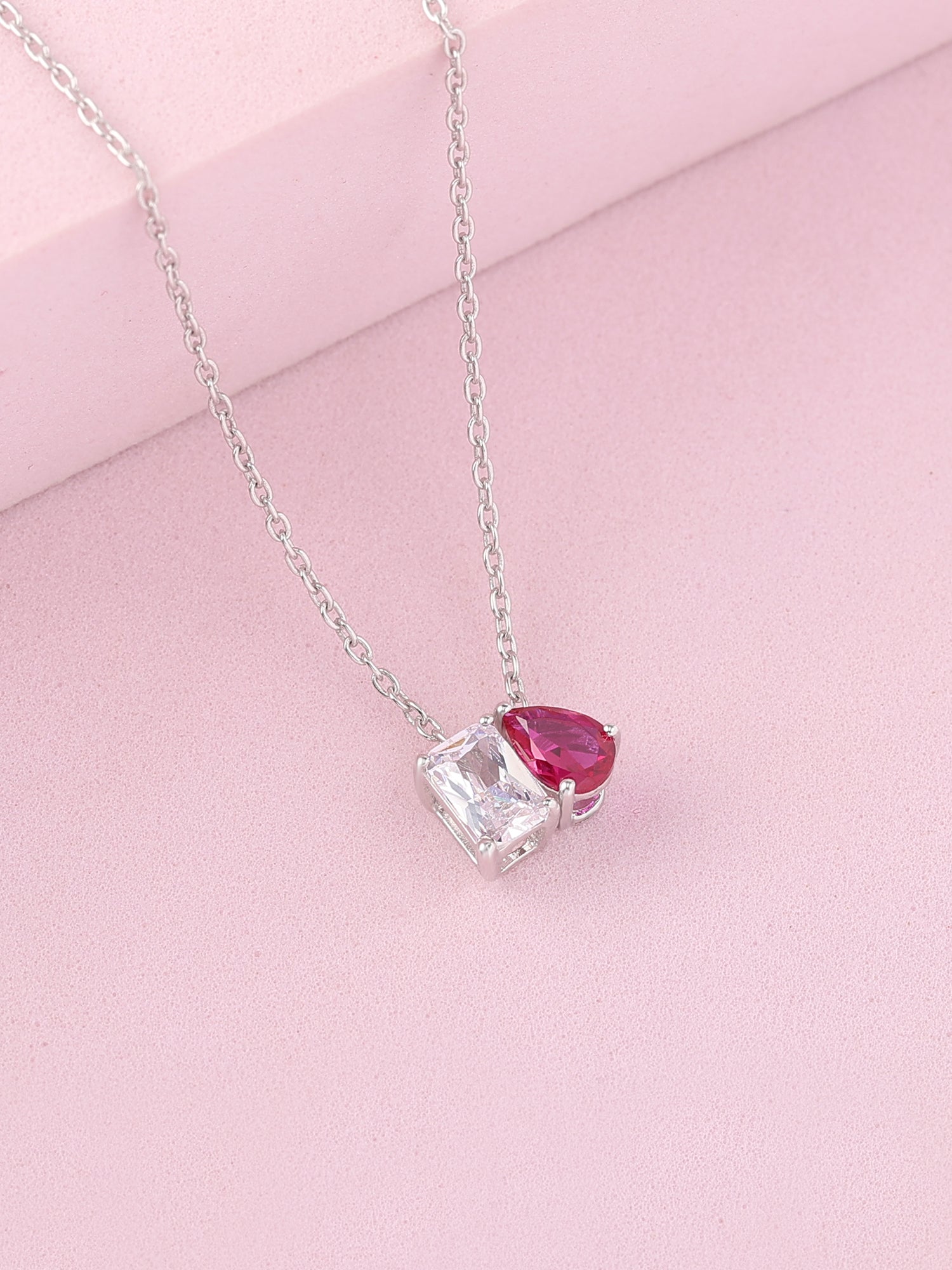 Toi Et Moi Ruby CZ Pendant With Silver Chain