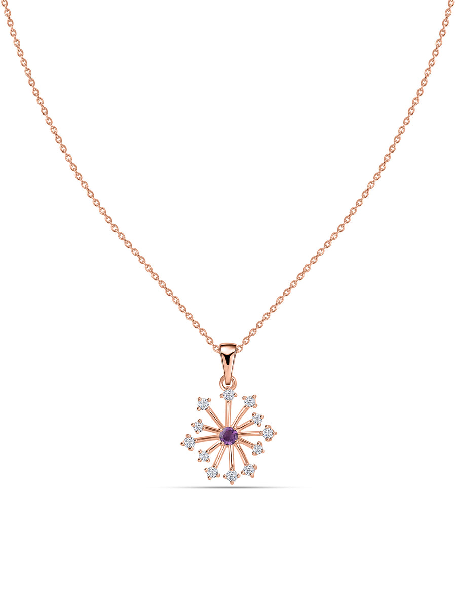 Snowflake Natural Amethyst Round Gold Pendant With Chain