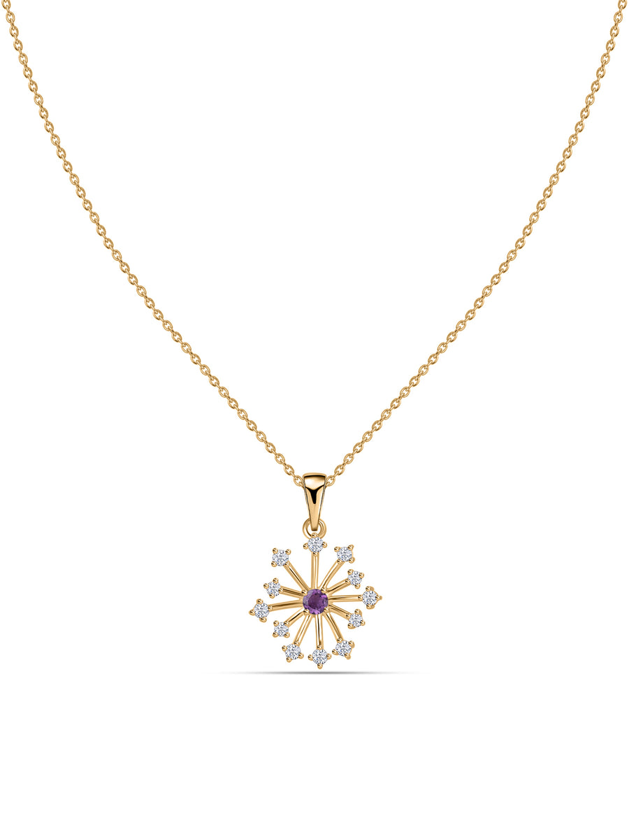 Snowflake Natural Amethyst Round Gold Pendant With Chain