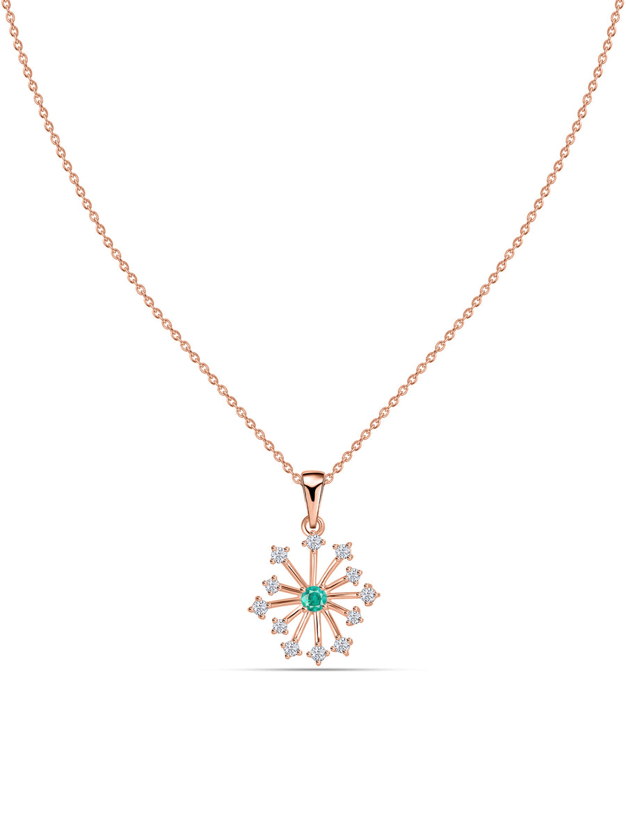 Snowflake Zambian Emerald Round Gold Pendant With Chain